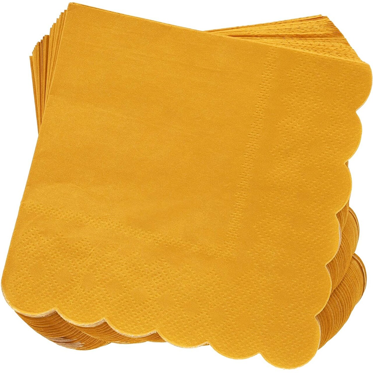 100 Pack Mustard Yellow Paper Napkins - Scalloped Cocktail Napkins, Disposable for Wedding, Birthday Party (5x5 In)
